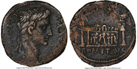 Augustus (27 BC-AD 14). AE as (25mm, 10.84 gm, 7h). NGC Choice VF 4/5 - 3/5. Lugdunum, 10-7 BC. PONT•MAX-CAESAR, laureate head of Augustus right / ROM...