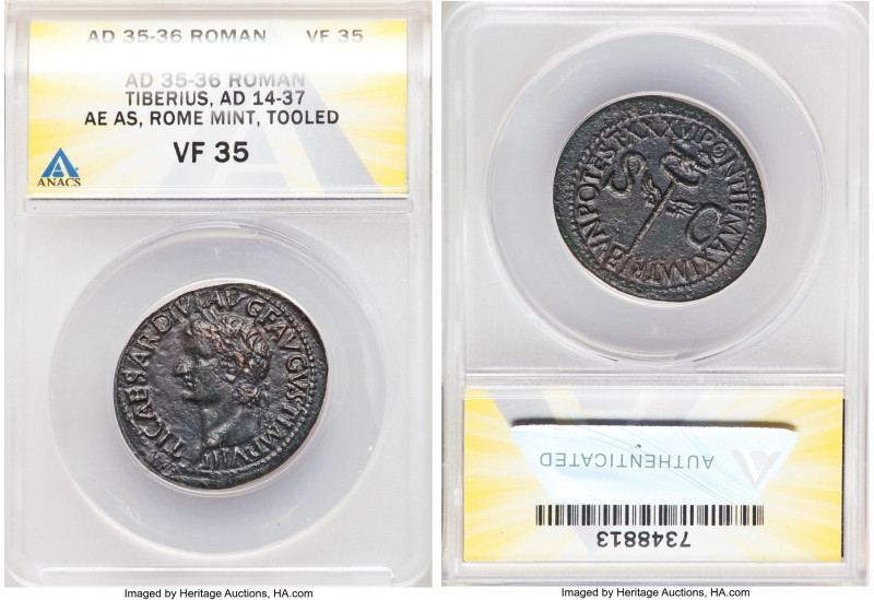 Tiberius, as Augustus (AD 14-37). AE as (30mm, 7h). ANACS VF 35, tooled. Rome, A...