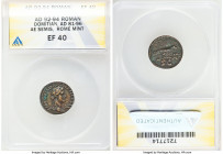 Domitian, as Augustus (AD 81-96). AE semis (19mm, 5h). ANACS XF 40. Rome, AD 90-91. IMP CAES DOMIT AVG GERM XV CENS PER P P, laureate, draped bust of ...