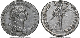 Trajan (AD 98-117). AR denarius (18mm, 6h). NGC AU. Rome, AD 116-117. IMP CAES NER TRAIAN OPTIM AVG GERM DAC, laureate, draped bust of Trajan right / ...