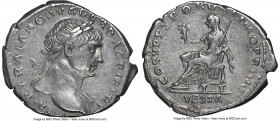 Trajan (AD 98-117). AR denarius (20mm, 6h). NGC Choice VF. Rome, AD 103-111. IMP TRAIANO AVG GER DAC P M TR P, laureate head of Trajan right, drapery ...