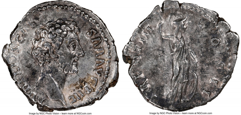 Marcus Aurelius, as Caesar (AD 161-180). AR denarius (18mm, 3.31 gm, 6h). NGC Ch...