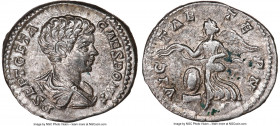 Geta, as Caesar (AD 209-211). AR denarius (19mm, 3.60 gm, 6h). NGC AU 4/5 - 3/5. Rome, AD 200-202. P SEPT GETA-CAES PONT, bare headed, draped, and cui...