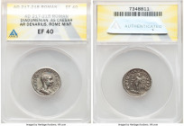 Diadumenian, as Caesar (AD 218). AR denarius (19mm, 1h). ANACS XF 40. Rome, AD 217. M OPEL ANT DIADVMENIAN CAES, bare headed, draped bust of Diadumeni...