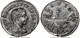 Elagabalus (AD 218-222). AR denarius (19mm, 3.04 gm, 12h). NGC Choice AU 5/5 - 3/5. Antioch. ANTONINVS PIVS FEL AVG, laureate, draped and cuirassed bu...