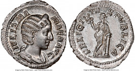 Julia Mamaea (AD 222-235). AR denarius (20mm, 7h). NGC MS. Rome. IVLIA MA-MAEA AVG, draped bust of Julia Mamaea right, seen from front, wearing stepha...