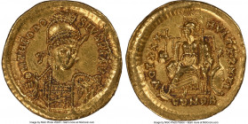 Theodosius II, Eastern Roman Empire (AD 402-450). AV solidus (20mm, 4.39 gm, 6h). NGC AU 5/5 - 3/5, edge marks, slight bend. Constantinople, 10th offi...