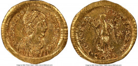 Theodosius II, Eastern Roman Empire (AD 402-450). AV tremissis (16mm, 1.48 gm, 6h). NGC AU 4/5 - 2/5, graffito, wavy flan. Constantinople. D N THEODO-...