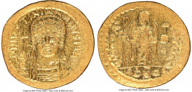 Justinian I the Great (AD 527-565). AV solidus (20mm, 4.41 gm, 7h). NGC MS 4/5 - 4/5, clipped. Constantinople, 6th officina, ca. AD 545-565. D N IVSTI...