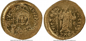 Justinian I the Great (AD 527-565). AV solidus (20mm, 4.50 gm, 6h). NGC MS 4/5 - 2/5, graffito. Constantinople, 2nd officina, ca. AD 545-565. D N IVST...