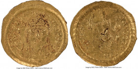 Justin II (AD 565-578). AV solidus (21mm, 4.26 gm, 7h). NGC Choice AU 2/5 - 3/5, edge bend, adjusted flan, clipped. Constantinople, 3rd officina. D N ...