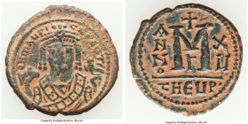 Maurice Tiberius (AD 582-602). AE follis or 40 nummi (30mm, 11.38 gm, 7h). Choice Fine, graffiti. Theoupolis (Antioch), 3rd officina, dated Regnal Yea...