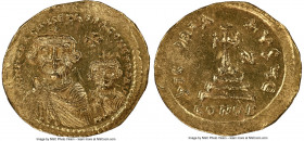 Heraclius (AD 610-641), with Heraclius Constantine. AV solidus (20mm, 4.38 gm, 7h). NGC MS 4/5 - 4/5, clipped. Constantinople, 5th officina, ca. AD 61...