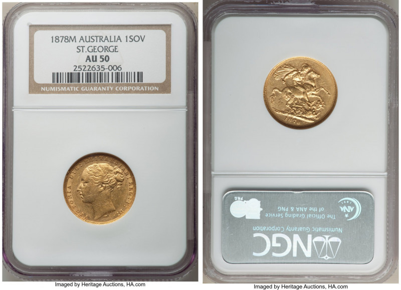 Victoria gold "St. George" Sovereign 1878-M AU50 NGC, Melbourne mint, KM7, S-385...