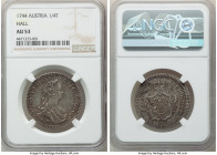 Maria Theresa 1/4 Taler 1744 AU53 NGC, Hall mint, KM1695. Slate gray with turquoise accents, reverse struck off center. 

HID09801242017

© 2022 H...