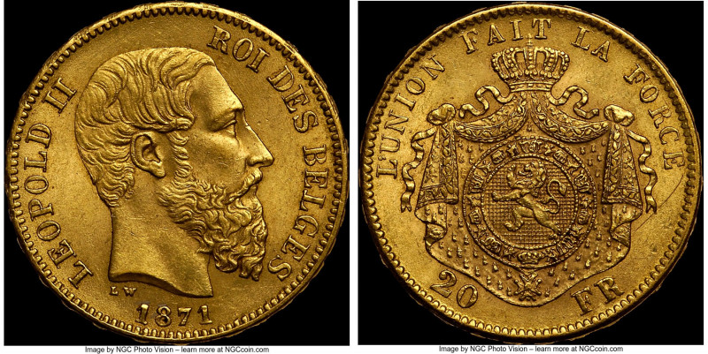 Leopold II gold 20 Francs 1871 MS63 NGC, Brussels mint, KM37. Position A variety...