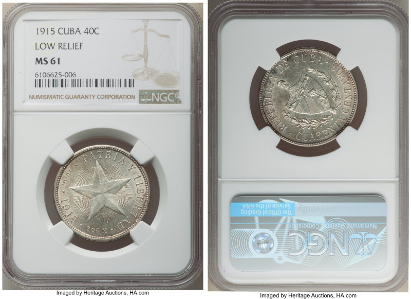Republic "Low Relief" 40 Centavos 1915 MS61 NGC, Philadelphia mint, KM14.3. Soft...