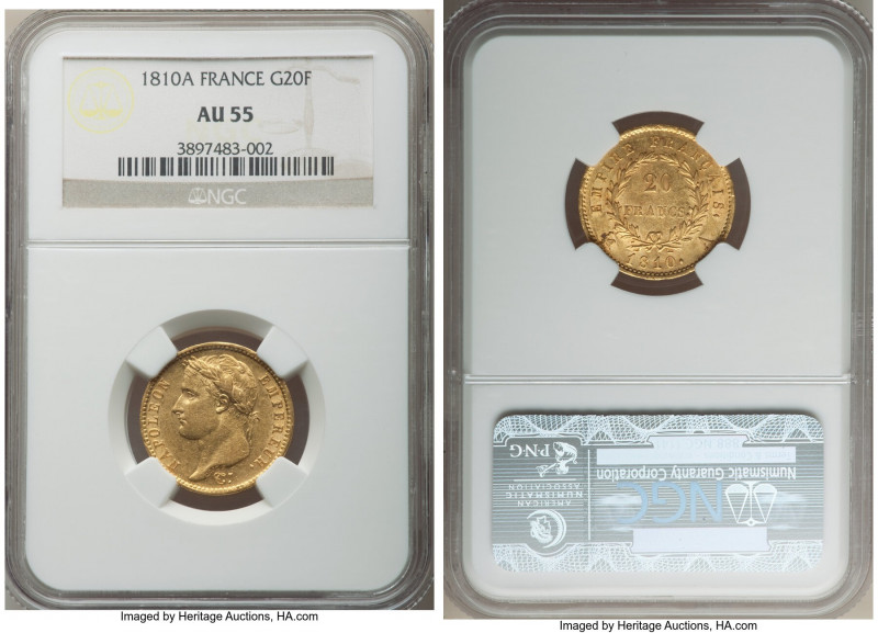 Napoleon gold 20 Francs 1810-A AU55 NGC, Paris mint, KM695.1. AGW 0.1867 oz. Fro...