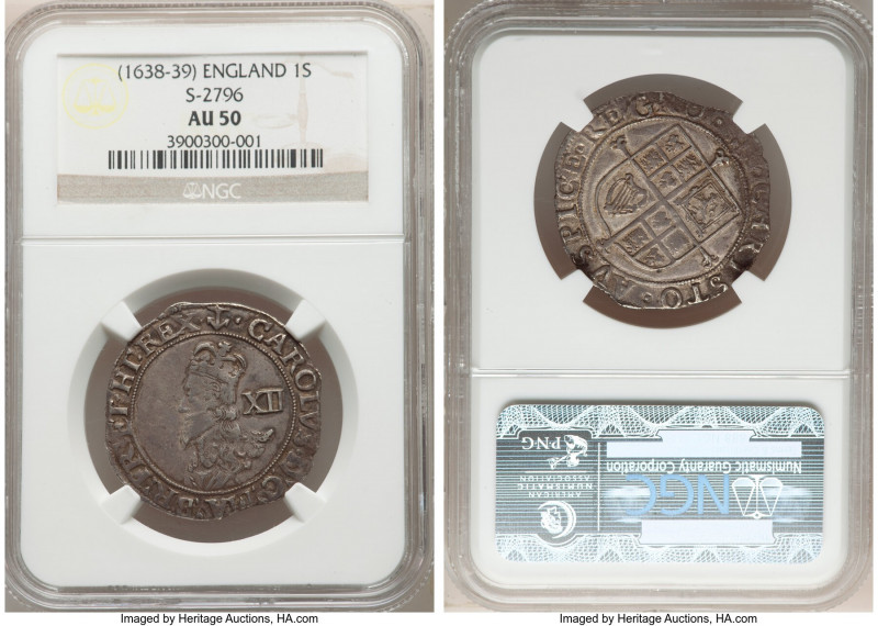 Charles I Shilling ND (1638-1639) AU50 NGC, Tower mint, Anchor mm, S-2796. 

H...