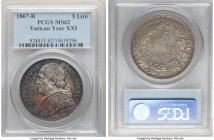 Papal States. Pius IX 5 Lire Anno XXI (1867)-R MS62 PCGS, Rome mint, KM1385. Rainbow toning. From the Meduno Collection 

HID09801242017

© 2022 H...