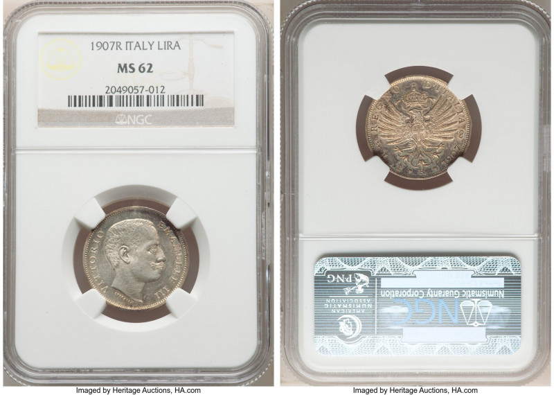 Vittorio Emanuele III Lira 1907-R MS62 NGC, Rome mint, KM32. Brilliant mint bloo...