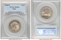 Vittorio Emanuele III Lira 1908-R MS64 PCGS, Rome mint, KM45. Peach and gray toning over lustrous surfaces. From the Meduno Collection 

HID09801242...