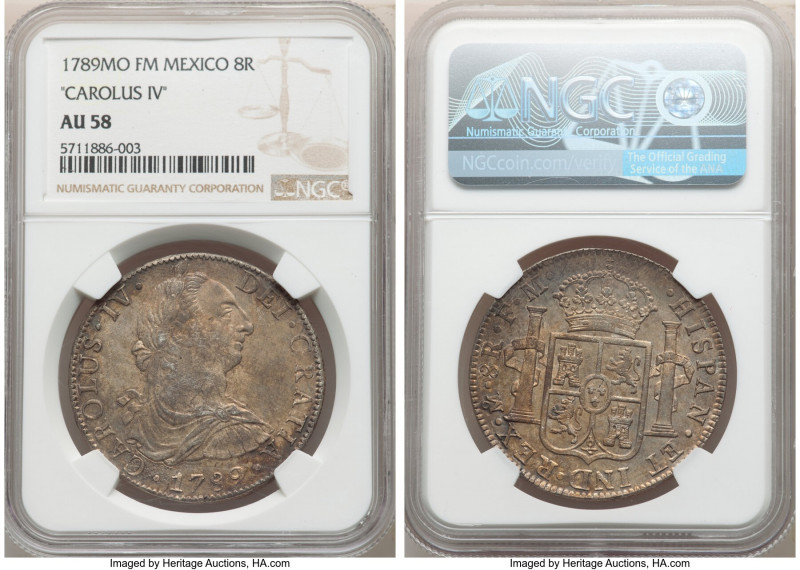Charles IV 8 Reales 1789 Mo-FM AU58 NGC, Mexico City mint, KM107. Visible luster...