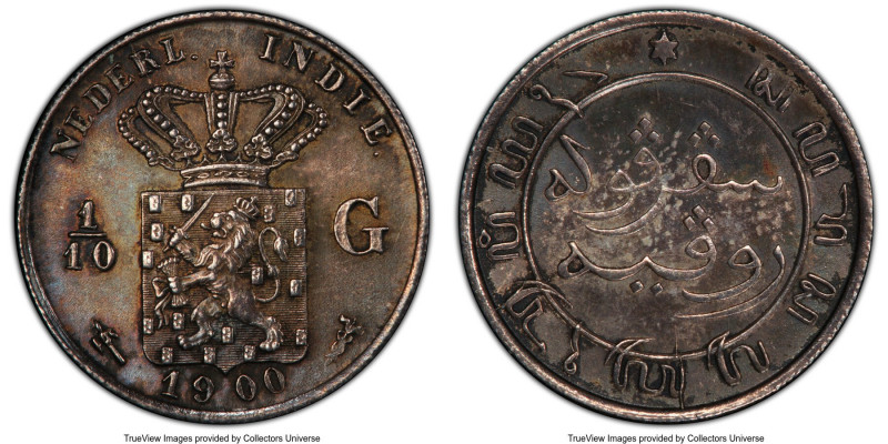 Dutch Colony. Wilhelmina 1/10 Gulden 1900-(u) MS63 PCGS, Utrecht mint, KM304. Ar...