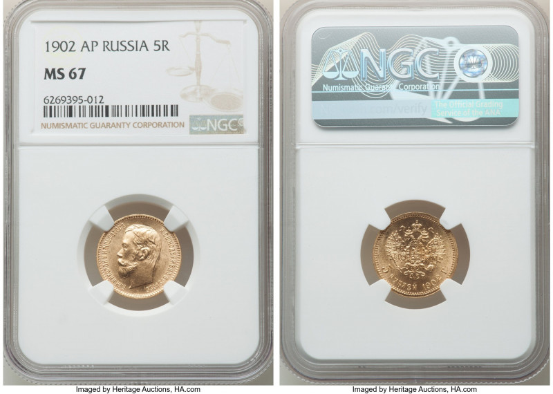 Nicholas II gold 5 Roubles 1902-AP MS67 NGC, St. Petersburg mint, KM-Y62. AGW 0....