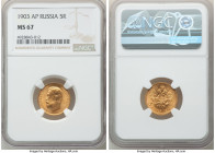Nicholas II gold 5 Roubles 1903-AP MS67 NGC, St. Petersburg mint, KM-Y62. AGW 0.1245 oz. 

HID09801242017

© 2022 Heritage Auctions | All Rights R...