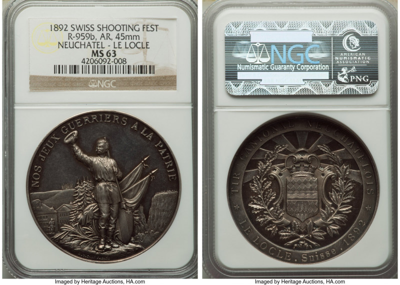 Confederation silver "Neuchatel - Le Locle Shooting Festival" Medal 1892 MS63 NG...