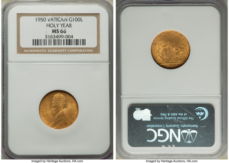 Pius XII gold 100 Lire MCML (1950) MS66 NGC, Rome mint, KM48. Opening of the Hol...