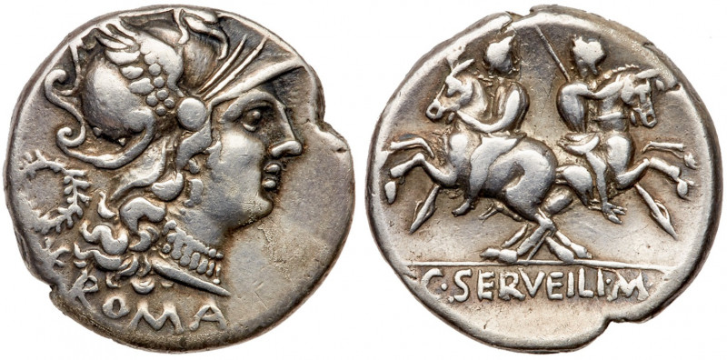 Roman Republic. C. Servilius M.f. AR Denarius. 136 BC (18.4mm, 4.04g). Helmeted ...