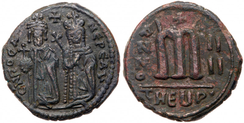 Byzantine Empire. Phocas, 602-610 AD. AE Follis (26mm, 9.76g). Mint of Theoupoli...