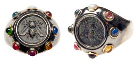 Lovely, Modern Set Greek Bronze Coin ca. 387-298 B.C. in Sterling Silver and Eight Multi-Color, Semi-Precious Cabochons