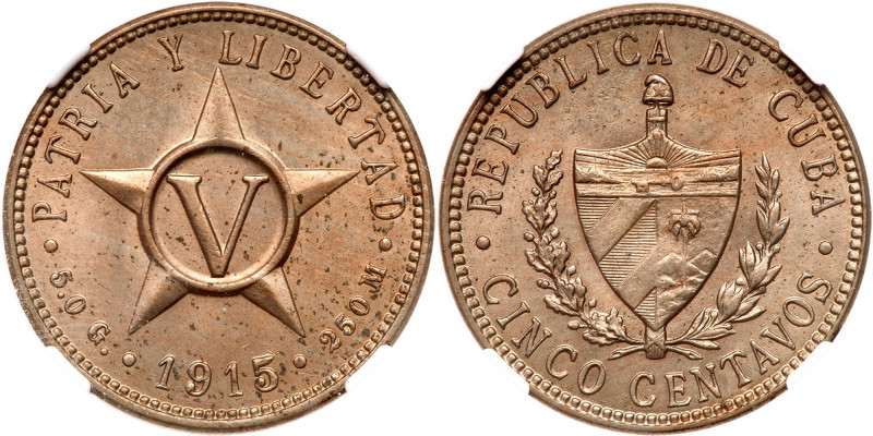 Cuba. 5 Centavos, 1915. KM-11.1. Copper-Nickel. NGC graded MS-63. Estimated Valu...