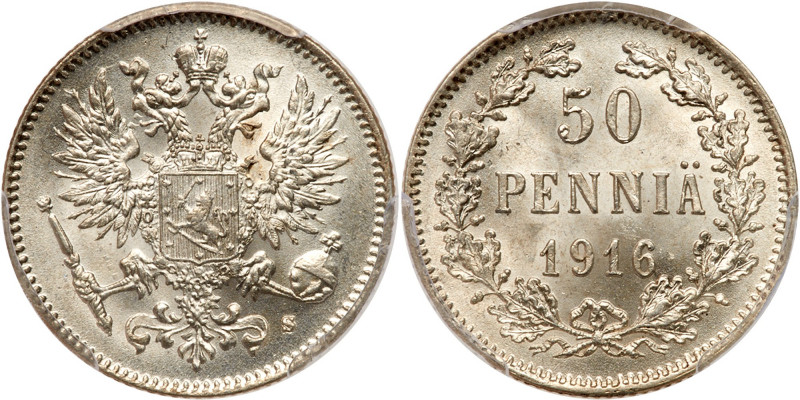 Finland. 50 Pennia, 1916-S. KM-2.2; Bit-407. PCGS graded MS-66. Estimated Value ...