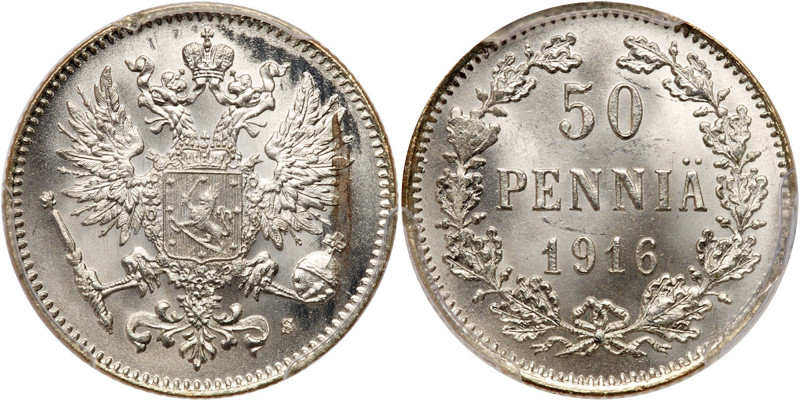 Finland. 50 Pennia, 1916-S. KM-2.2; Bit-407. PCGS graded MS-66. Estimated Value ...