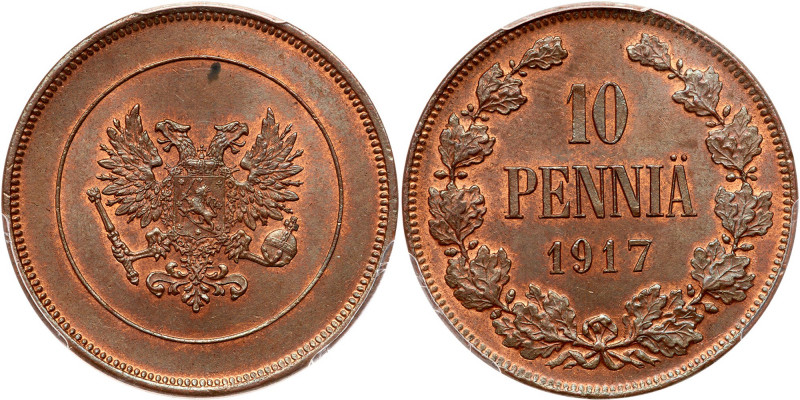 Finland. 10 Pennia, 1917. KM-18; Bit-3. Kerenski Government Issue. Lustrous with...