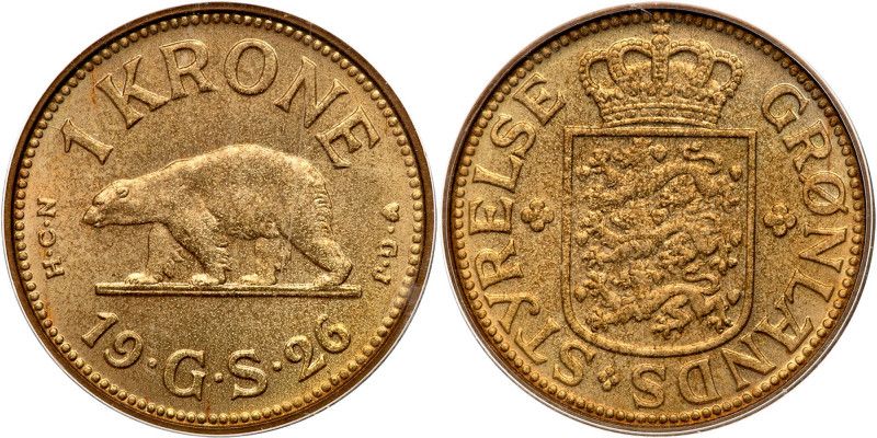 Greenland. Krone, 1926-HCN GJ. KM-8. Polar bear. ANACS graded MS-62. Estimated V...