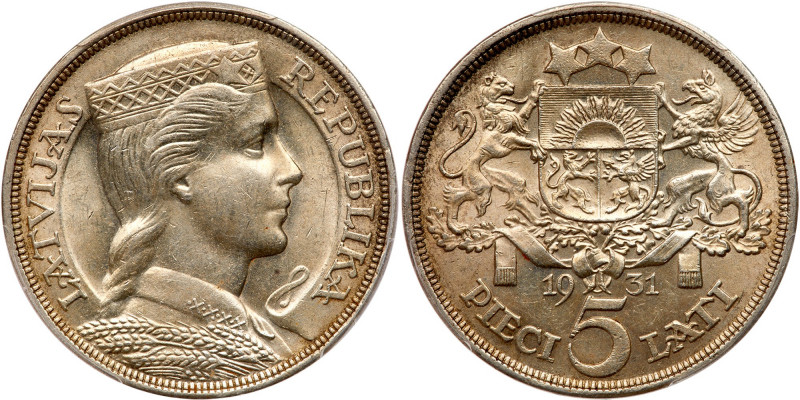 Latvia. 5 Lati, 1931. KM-9. Lightly toned, fully lustrous mint state example. PC...