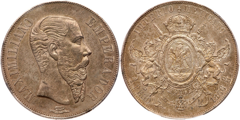 Mexico. Peso, 1866-Mo. Eliz-172; KM-388.1. Maximilian, Emperor, 1864-1867. Sharp...