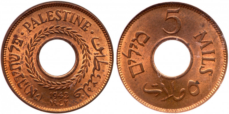 Palestine. 5 Mils, 1942. KM-3a. Bronze. PCGS graded MS-64 Red & Brown. Estimated...