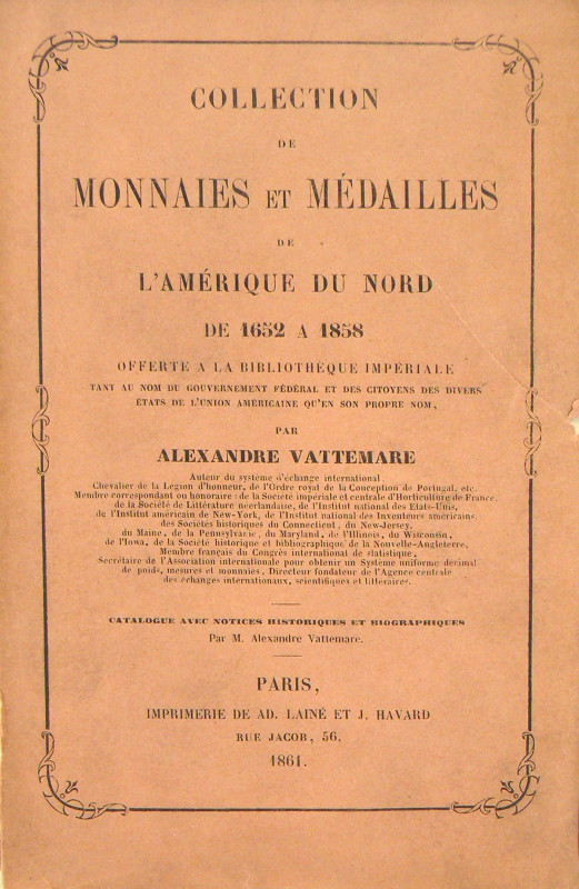Vattemare’s 1861 French Catalogue of American Coins

Vattemare, Alexandre. COL...