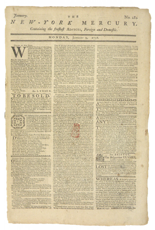 1758 Newspaper with French & Indian War Revenue Stamp

THE NEW-YORK MERCURY. N...
