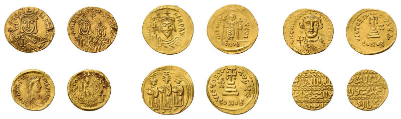 5 Byzantische Münzen sowie 1 arabischer Dinar: Pacos, Solidus (602-610), 
Heracl...