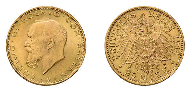 Königreich Bayern. Ludwig III., 1913-1918. 20 Mark 1914 D. J. 202. Die letzte 
b...