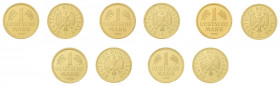 Bundesrepublik. 5 x 1 Goldmark 2001 A - J. Komplettsatz jeweils in der 
Originalkapsel. Zusammen 60 g.f.