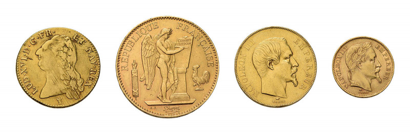 4 Goldmünzen Frankreich. Dabei 100 Francs 1913 A, 50 Francs 1857 A, 
20 Francs 1...