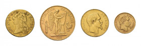4 Goldmünzen Frankreich. Dabei 100 Francs 1913 A, 50 Francs 1857 A, 
20 Francs 1869 A und 2 Louis d`ôr 1786 I. Zusammen ca. 63,3 g.f.